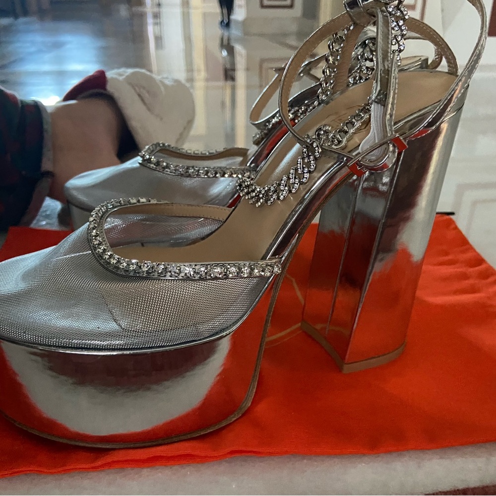 Silver Platform Heels With Rhinestone Accents - image 2